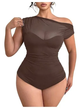 Plus Size Mesh Bodysuit, Coffee (4X-Large Plus)