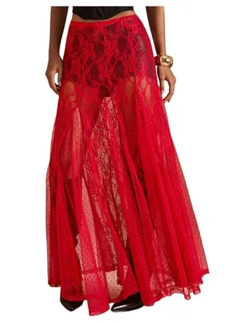 Maxi Lace Skirt, Red
