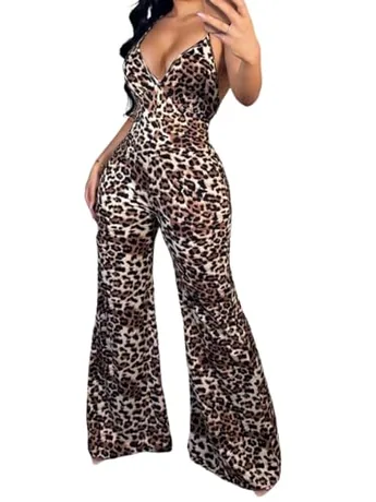 Wide Leg Leopard Jumpsuit, Brown (XX-Large)