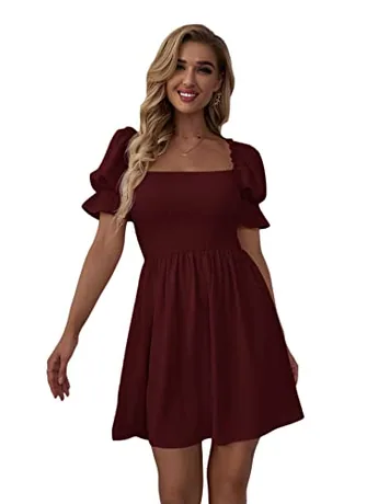 Short Sleeve Ruffle Dress, Burgundy