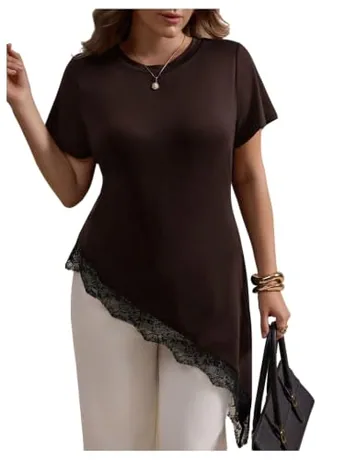 Plus Size Short Sleeve Lace T-Shirt, Coffee