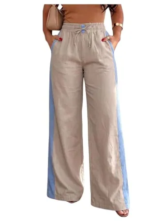 Wide Leg Striped Trousers, Khaki (Large)