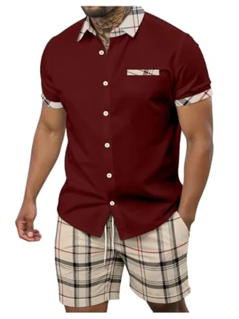 Short Sleeve Plaid Outfit Set, Red
