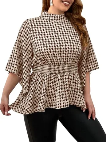 Plus Size Plaid Blouse, Brown