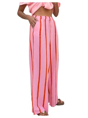 Plus Size Wide Leg Striped Trousers, Pink