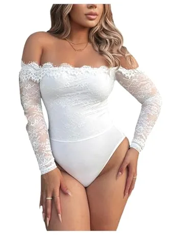 Long Sleeve Lace Bodysuit, White (off shoulder)