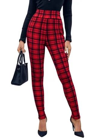 High Waisted Plaid Leggings, Red
