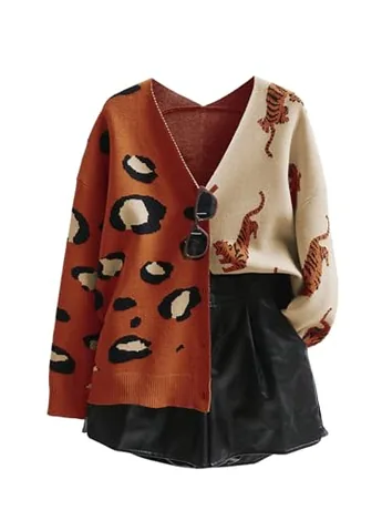 Long Sleeve Leopard Knitwear, Orange (3X-Large)