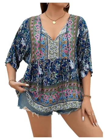 Plus Size Floral Blouse, Blue