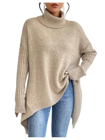 Long Sleeve Knit Knitwear, Khaki (Large)