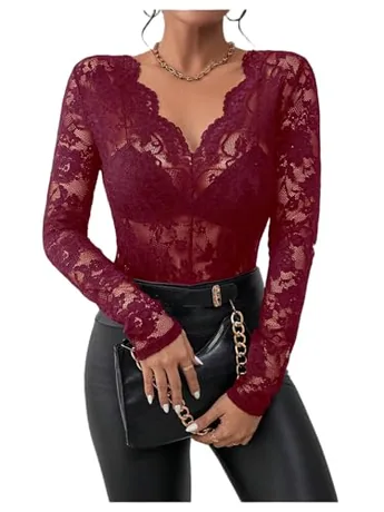 Long Sleeve Lace Blouse, Burgundy