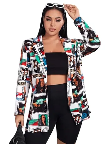 Plus Size Long Sleeve Graphic Blazer, Multicolour