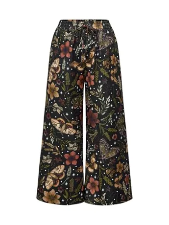 Plus Size Wide Leg Floral Trousers, Black (3X-Large Plus)