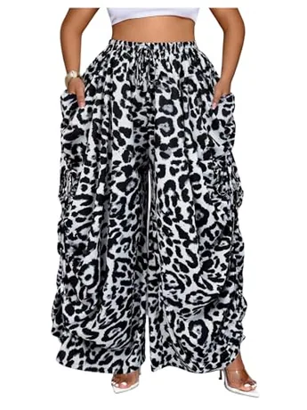 Plus Size Wide Leg Leopard Trousers, Black