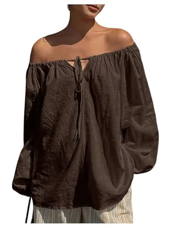Long Sleeve Blouse, Coffee (tie front)
