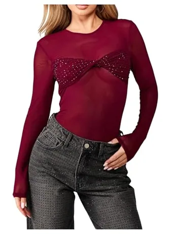 Long Sleeve Mesh Bodysuit, Burgundy