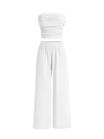 Wide Leg Ruched Outfit Set, White