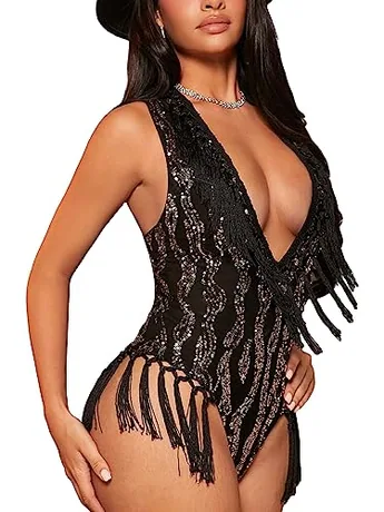 Sleeveless Sequin Bodysuit, Black