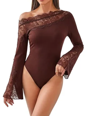 Long Sleeve Lace Bodysuit, Coffee
