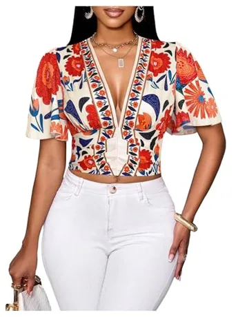 Short Sleeve Blouse, Red (Large)