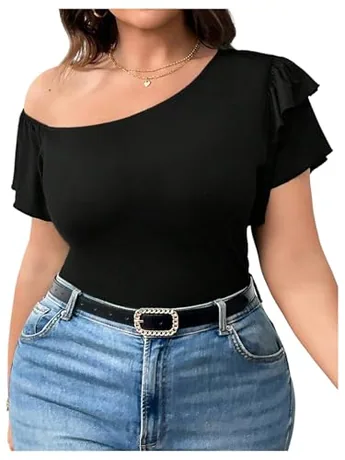 Plus Size Short Sleeve Ruffle T-Shirt, Black
