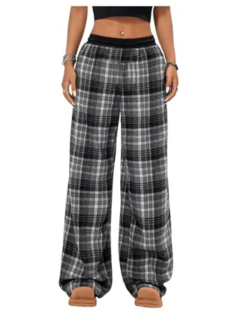 Wide Leg Plaid Trousers, Grey (12 Years)