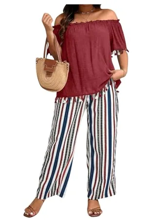 Plus Size Striped Outfit Set, Red
