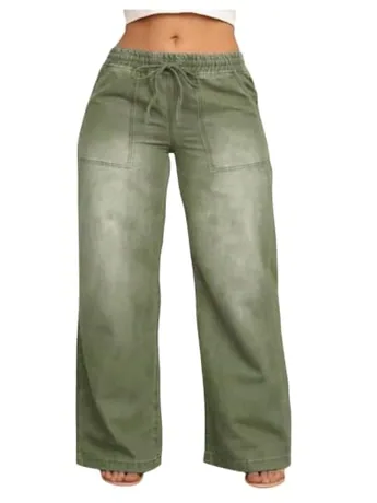 Plus Size Wide Leg Denim Jeans, Army Green