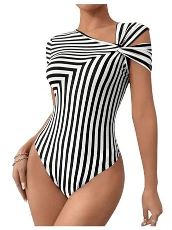 Short Sleeve Striped Bodysuit, Black (Small)