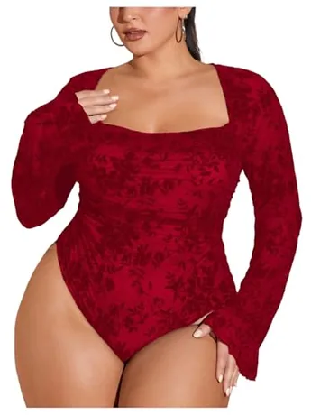 Plus Size Mesh Bodysuit, Red