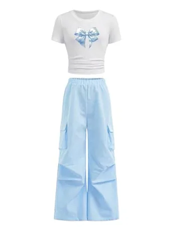 Short Sleeve Graphic Outfit Set, Blue