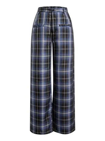 Wide Leg Plaid Trousers, Blue (Medium)