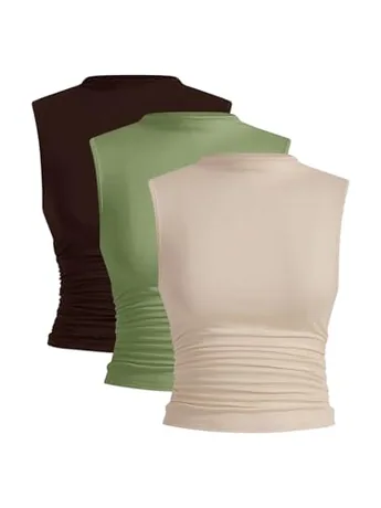 Sleeveless Ruched Tank Top, Khaki