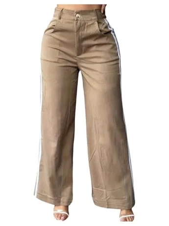 Wide Leg Striped Trousers, Khaki (Medium)