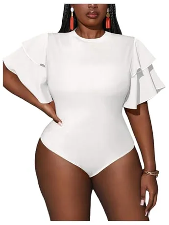 Plus Size Short Sleeve Ruffle Bodysuit, White