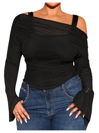 Plus Size Long Sleeve Off Shoulder T-Shirt, Black
