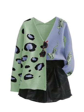Long Sleeve Leopard Knitwear, Green (Large)