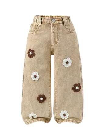 Wide Leg Denim Jeans, Khaki (6 Years)