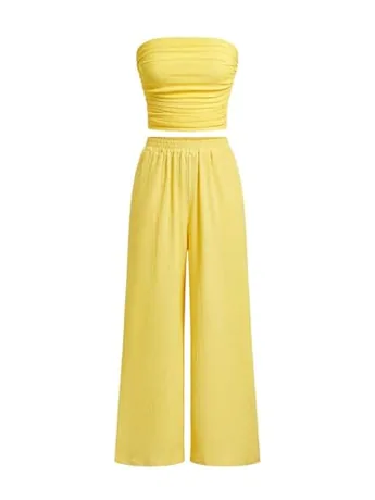 Wide Leg Ruched Outfit Set, Yellow (Large)