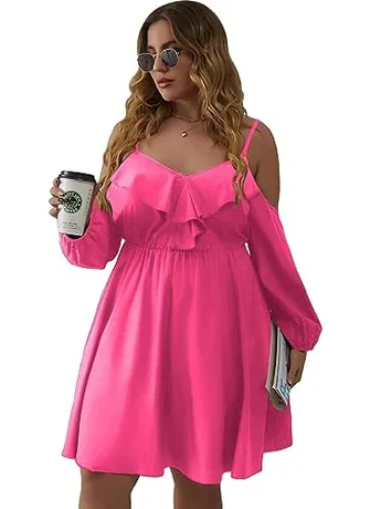 Plus Size Ruffle Dress, Hot Pink