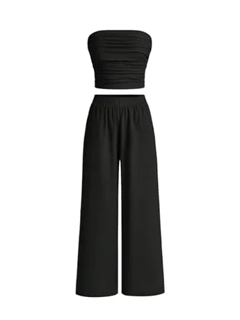 Wide Leg Ruched Outfit Set, Black