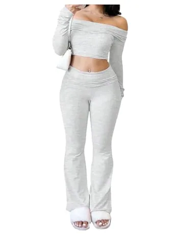 Long Sleeve Off Shoulder Outfit Set, Grey