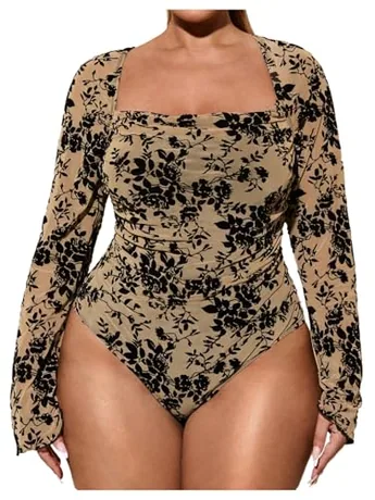 Plus Size Mesh Bodysuit, Khaki (4X-Large Plus)
