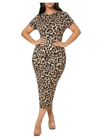 Plus Size Short Sleeve Leopard Dress, Multicolour