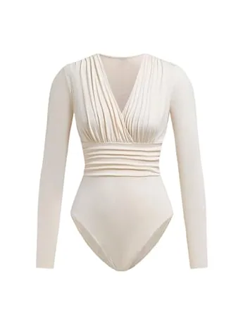Long Sleeve Ruched Bodysuit, Beige