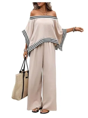 Wide Leg Striped Outfit Set, Khaki