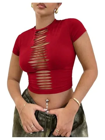 Short Sleeve Cutout Crop Top, Red