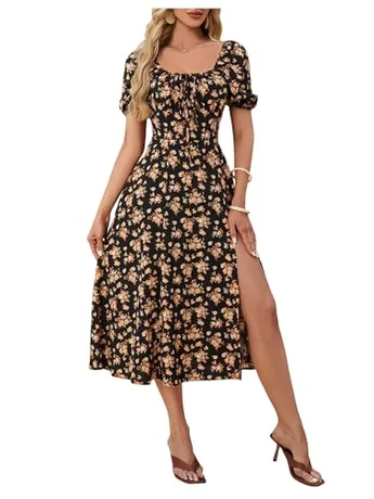 Short Sleeve Floral Dress, Black