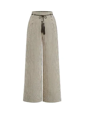 Plus Size Wide Leg Striped Trousers, Coffee