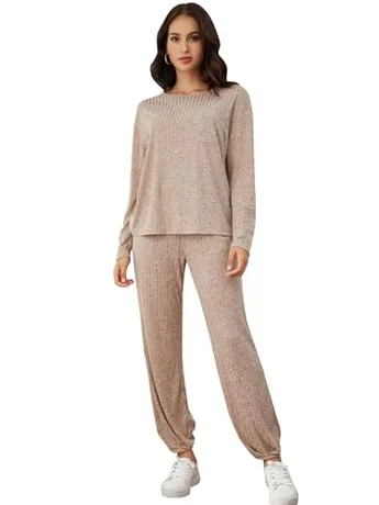 Long Sleeve Knit Sleep Set, Khaki (X-Large)